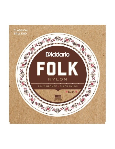 CUERDA ACÚSTICA D'ADDARIO EJ-34 028-045 FOLK NYLON BLACK TENSIÓN NORMAL CON BOLA AL FINAL DE LA CUERDA JUEGO