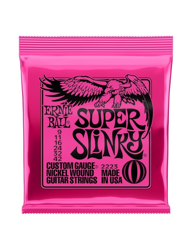 CUERDA ELÉCTRICA ERNIE BALL 2223 9-42 SLINKY NICKEL ENTORCHADA SUPER PINK JUEGO