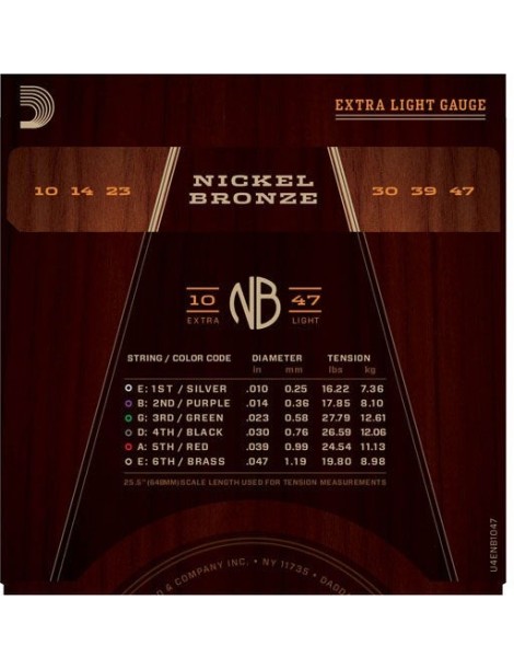 CUERDA ACÚSTICA D'ADDARIO NB1047 10-47 NICKEL BRONZE EXTRA LIGHT JUEGO