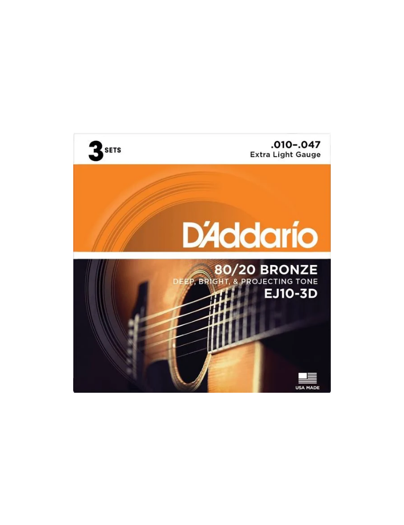 CUERDA ACÚSTICA D'ADDARIO EJ-10-3D 10-47 BRONZE EXTRA LIGHT SET DE 3 JUEGOS