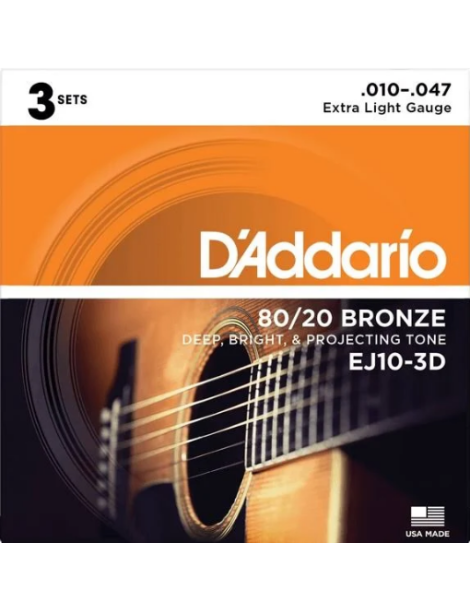 CUERDA ACÚSTICA D'ADDARIO EJ-10-3D 10-47 BRONZE EXTRA LIGHT SET DE 3 JUEGOS