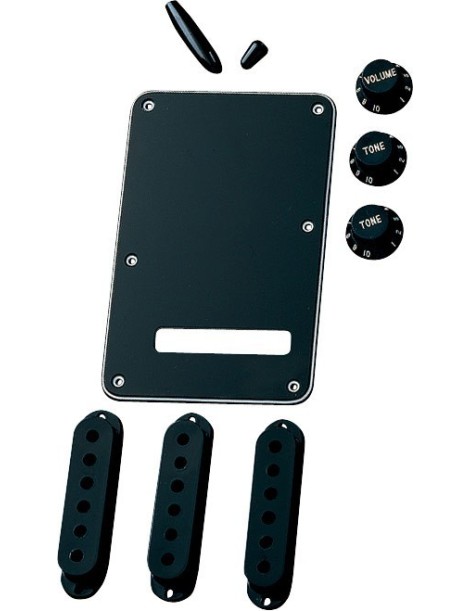 SET ACCESORIOS FENDER STRATOCASTER /EMBELLECEDOR PASTILLAS,TAPA TRASERA,POTES,SELECTOR PASTILLA Y VIBRATO.BLACK 991363000