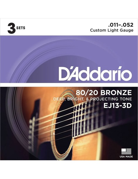 CUERDA ACÚSTICA D'ADDARIO EJ-13-3D 11-52 BRONZE CUSTOM LIGHT SET DE 3 JUEGOS