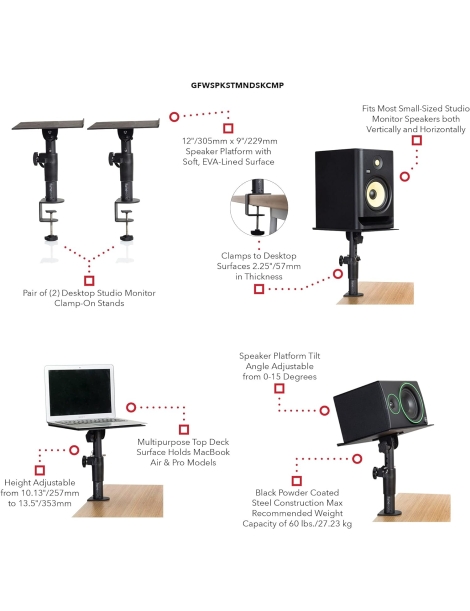 SOPORTE ALTAVOZ MONITOR GATOR FRAMEWORKS PARA EL BORDE DE LA MESA AJUSTABLE 25-35CM PAREJA