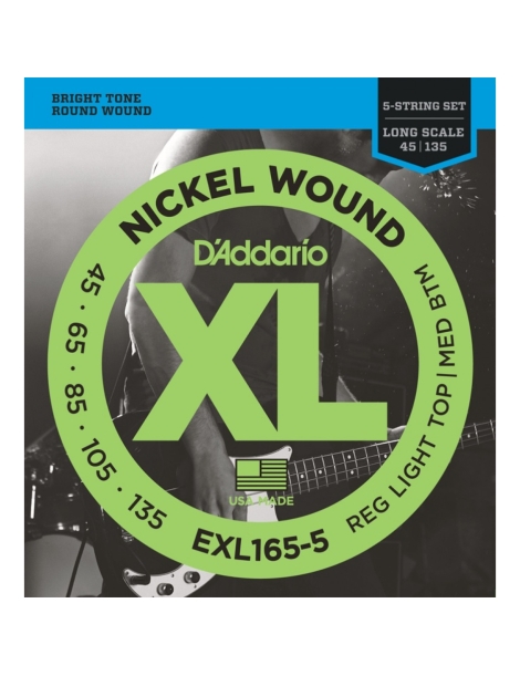 CUERDA BAJO ELÉCTRICO D'ADDARIO EXL-165-5 45-135 JUEGO 5 CUERDAS