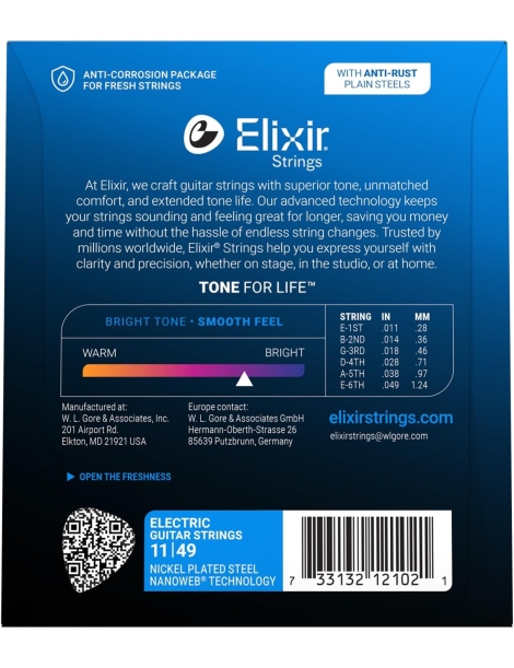 CUERDA ELÉCTRICA ELIXIR 12102 011-049 NANOWEB ANTI-RUST JUEGO