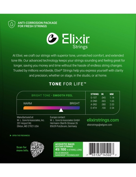 CUERDA BAJO ACÚSTICO ELIXIR 14502 45-100 BRONZE JUEGO