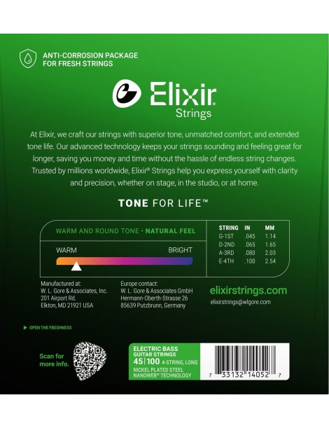 CUERDA BAJO ELÉCTRICO ELIXIR14052 045-100 NICKEL JUEGO